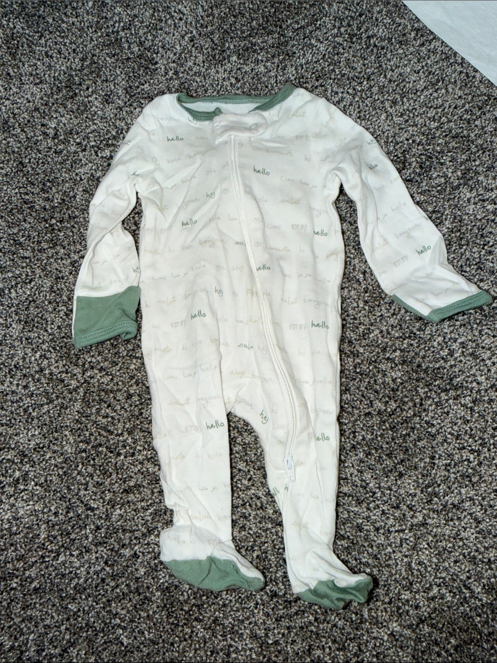 cloud island Cream One-Piece Footed Sleeper with Sage Trim
